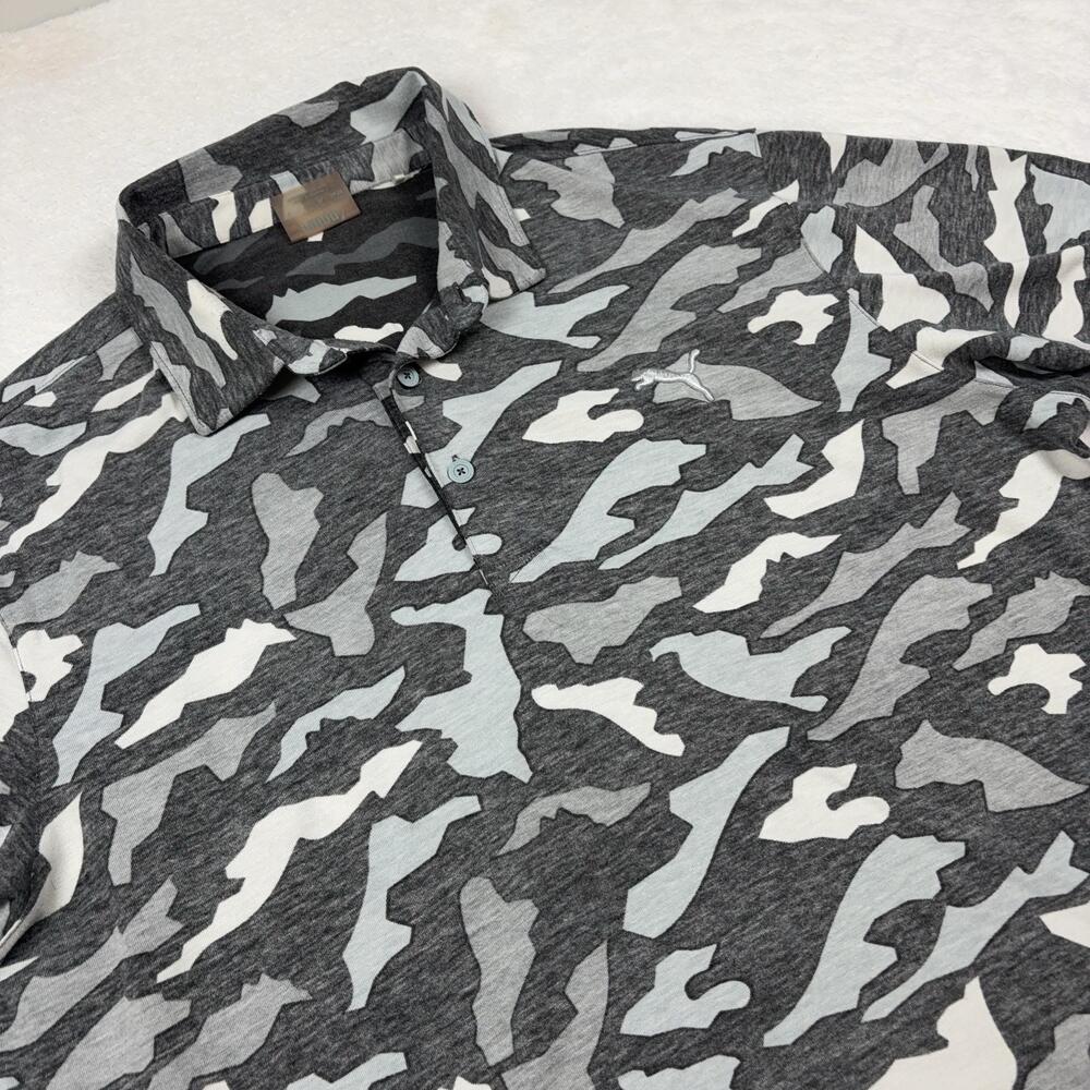 PUMA Short Sleeve Polo Shirt Men L Gray Camo Polyester Golf Logo Breathable